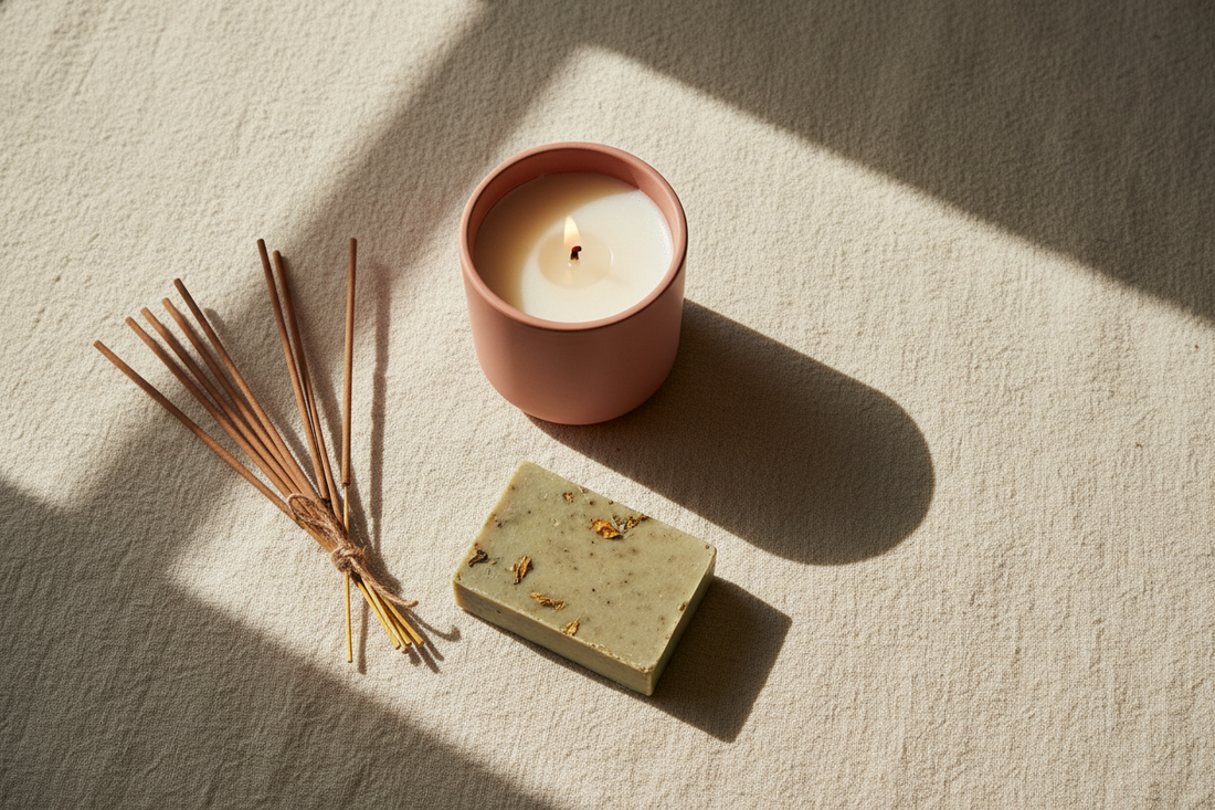 Moodie Saunter curated gift set with pink candle, incense sticks, and handmade soap on fabric