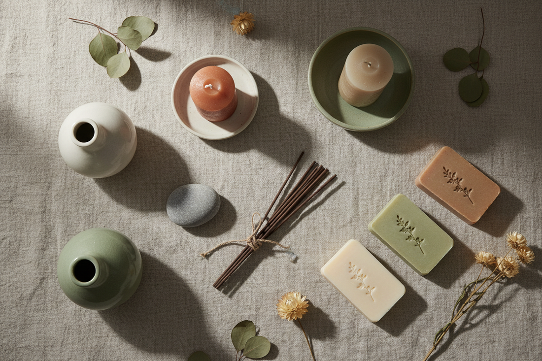Curated Moodie Saunter fragrance gift set with candles, incense, handmade soaps, and vases on linen.