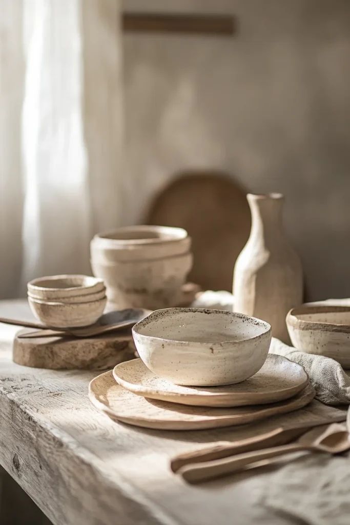 Handmade ceramic bowls, plates, and vase on rustic tableware by Moodie Saunter