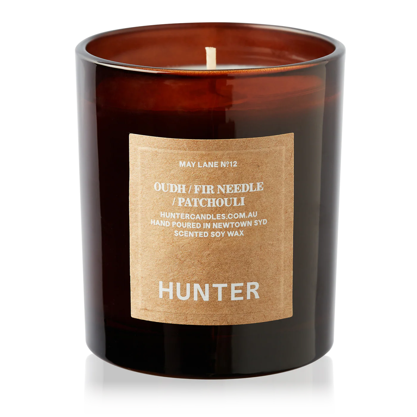 Hunter Oudh Fir Needle Patchouli scented soy candle in brown glass jar, Moodie Saunter Australia
