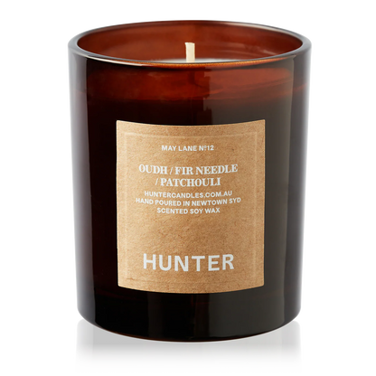 Hunter Oudh Fir Needle Patchouli scented soy candle in brown glass jar, Moodie Saunter Australia