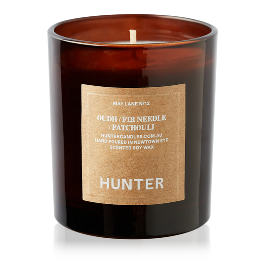 Hunter Oudh Fir Needle Patchouli scented soy candle in brown glass jar, Moodie Saunter Australia