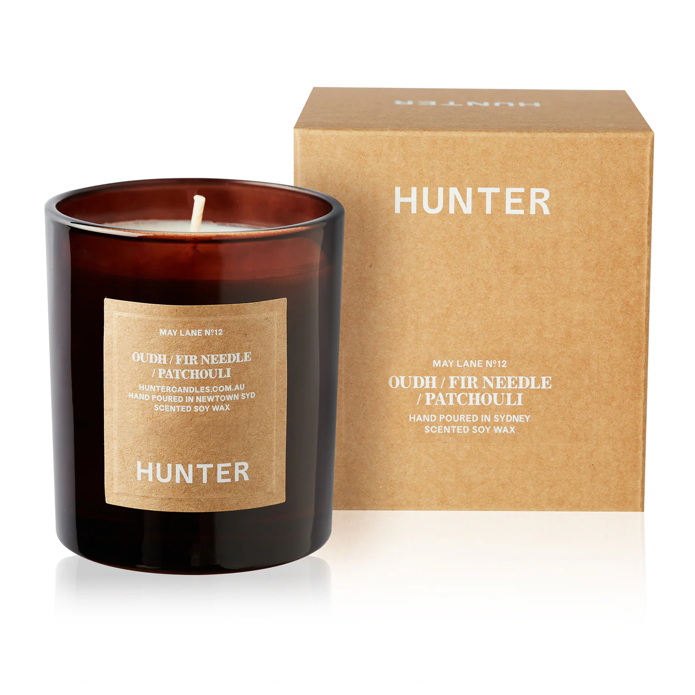 Hunter Oudh Fir Needle Patchouli scented candle with box, luxury gift from Moodie Saunter Australia.
