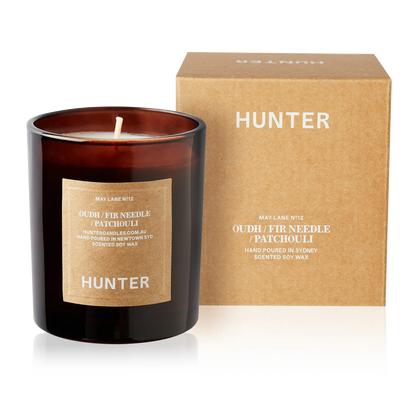 Hunter Oudh Fir Needle Patchouli scented candle with box, luxury gift from Moodie Saunter Australia.