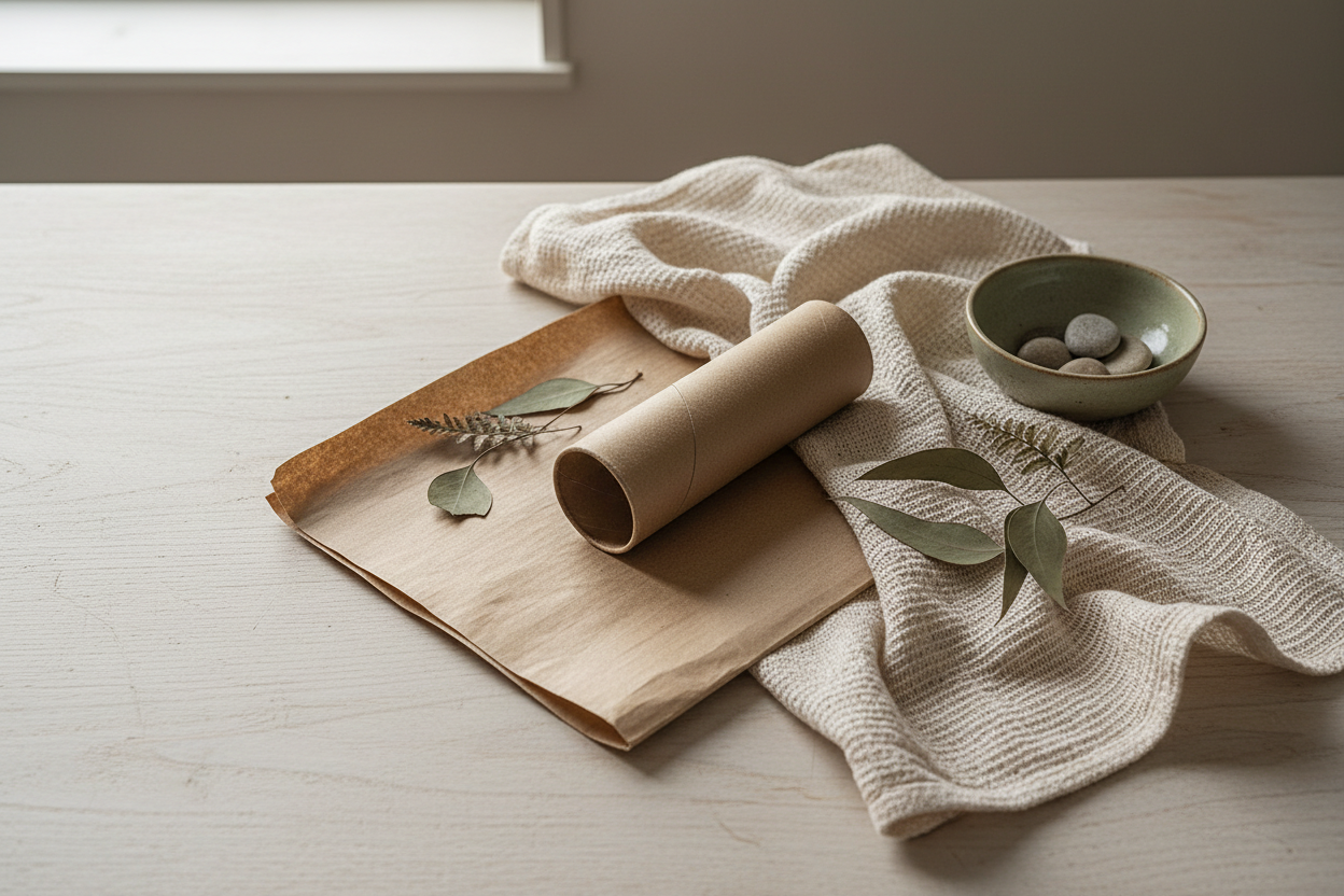 Earthy, minimalist still‑life of recycled packaging, eco materials, greenery.