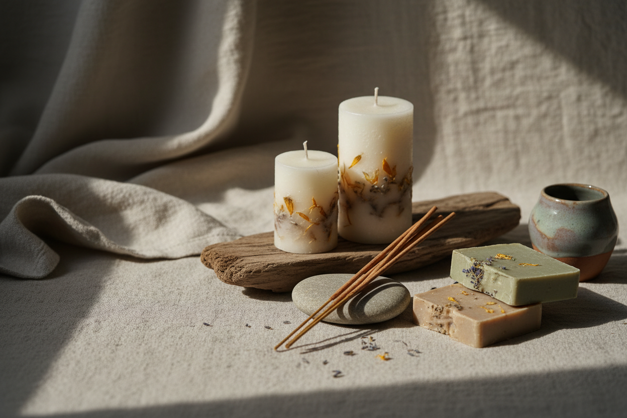 Hero banner for Moodie Saunter online store
in a Wabi‑Sabi aesthetic with natural, imperfect beauty.
Use muted earth tones like sand, clay beige, warm browns, and soft greens.
Include organic textures like linen, raw wood, handmade ceramics.
Feature a simple arrangement of your curated candle, incense, and handmade soap — placed asymmetrically on natural surfaces with soft, diffused natural light.
Focus on texture, imperfection, and calm mood, not perfect symmetry.
Add subtle space for overlay text but keep