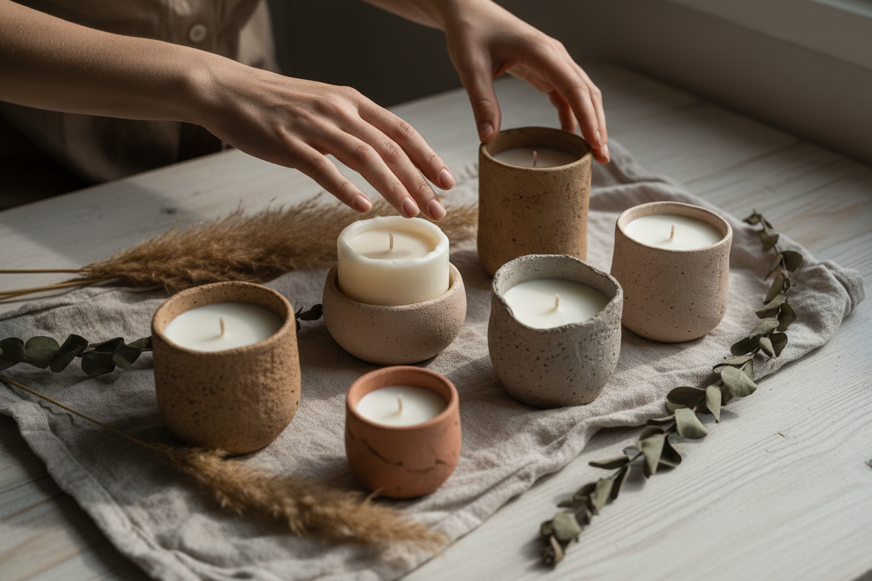 Wabi‑Sabi style storytelling image: hands selecting candles, or flat lay of curated items with natural props.